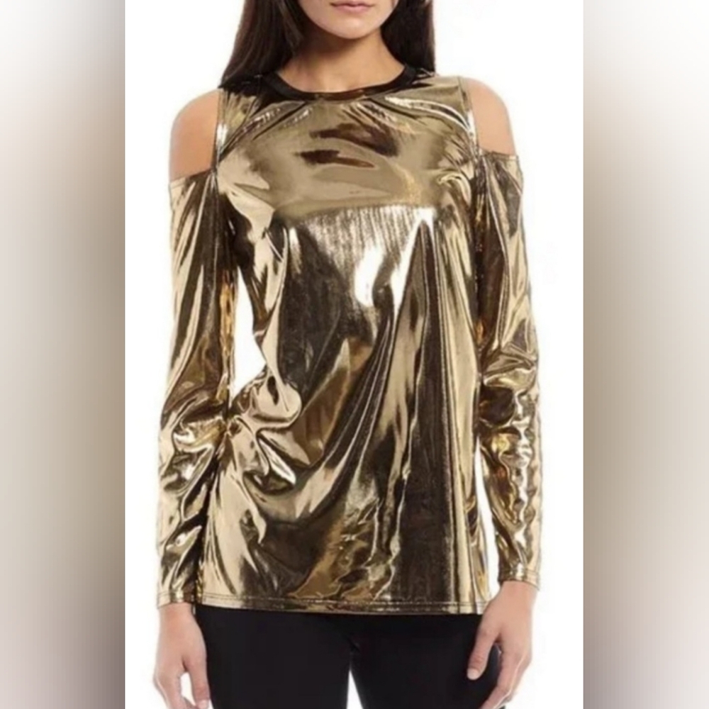 Michael Kors Slick Foil Cold Shoulder Long Sleeve Metallic Liquid Gold Top M